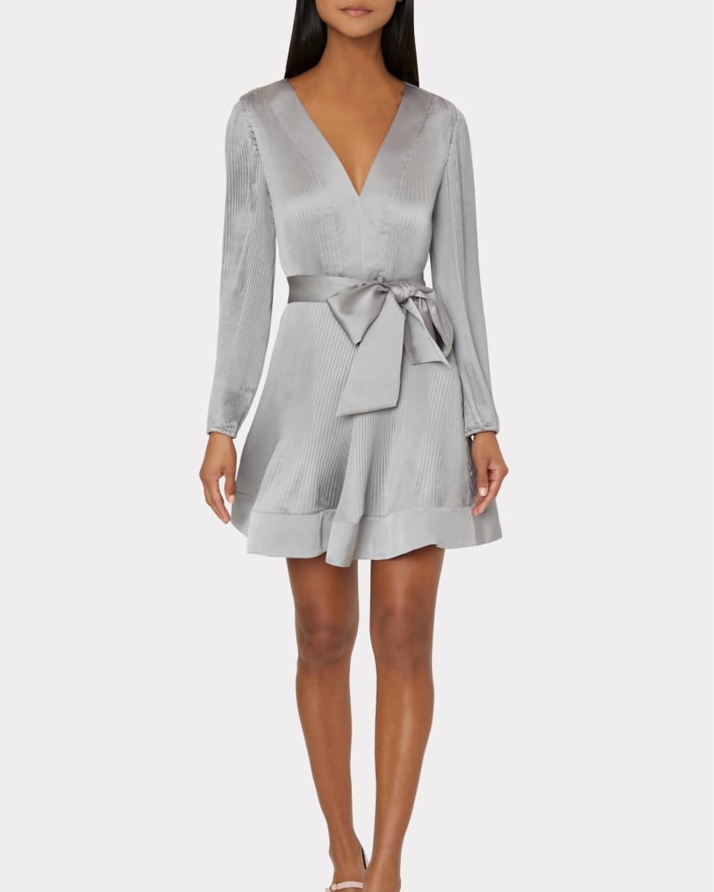 Front of a model wearing a size 10 Liv Solid Pleat Dress In Silver in Silver by Milly. | dia_product_style_image_id:345443